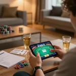 Fun88 mobile gaming scene with a player strategizing poker bets in a cozy atmosphere