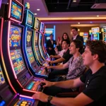 Players enjoying vibrant slot machines at Gem 88 casino with colorful lights and excitement.