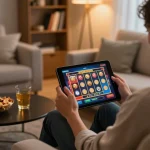 Player enjoying LC88 mobile gaming on a tablet in a cozy home setting with snacks.