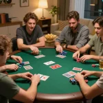 Friends enjoying a poker night with Jun88 as they strategize their game at home.