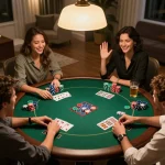 Friends enjoying poker night at home, showcasing game excitement with PH22 ambiance