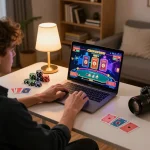Person engaged in online gaming at home with nhacaiuytinn casino platforms, showcasing a vibrant gaming setup.