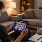 Engaging moment of 789BET online gaming on a tablet, showcasing vibrant app interface in a cozy living room