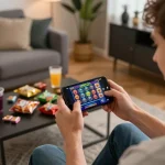 Engaging player enjoying Joker123 gaming app on smartphone in cozy home setting.