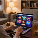 Engaging with the kk55 casino platform on a laptop in a cozy home setting.