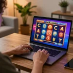 Engaging in online slots gameplay with 68gamebaivn on a sleek laptop in a cozy home setup.