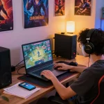 Engaging in game bài đổi thưởng on a laptop, showcasing a lively and accessible online gaming environment