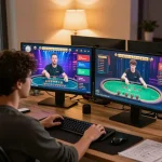 Player engaging in LC88 online gaming with multiple screens showcasing diverse casino games, creating an immersive atmosphere.