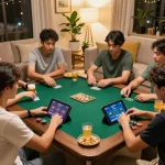 Friends enjoying a lively poker night at home using the 999bet app on tablets and smartphones