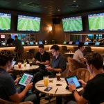 Xoilac sports betting experience with fans analyzing matches and placing bets in a lively lounge.