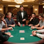 Experience F8BET excitement at a high-stakes poker game with players making strategic bets.