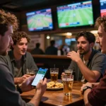 C168 sports bettor analyzing odds while placing bets in a vibrant sports bar