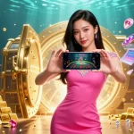 Experience fun88's vibrant online casino with a stunning Asian woman showcasing live dealer games on her smartphone.