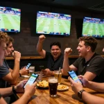 Patrons placing bets and enjoying live sports screenings at FUN79's vibrant sports betting hub.