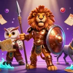 Experience the excitement of go88, featuring a heroic Spartan lion and vibrant gaming elements in a lively casino scene.