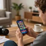 Player enjoying mobile gaming on NK88 app, placing bets on colorful slots and poker.