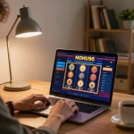Engaging with NOHU90's exciting slot games on a laptop at home, showcasing a cozy gaming environment