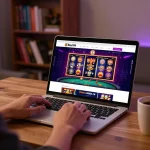 Engaging user enjoying Bay789's online casino experience on a laptop, surrounded by cozy home elements.