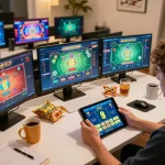 Engaging gaming scene with EE88 app on tablet, showcasing strategies and online gambling