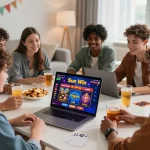 Friends enjoying online gaming on Sun Win platform with colorful graphics in a cozy living room.