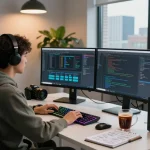 Developer using clawbot on multiple screens in a modern workspace with urban skyline view