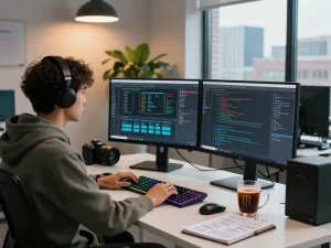 Developer using clawbot on multiple screens in a modern workspace with urban skyline view
