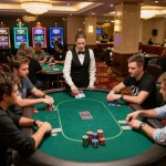 Exciting poker game at upscale casino during night, players engaged with river4 strategies in action.