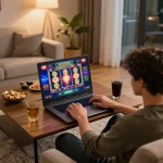 Engaging in online gambling at XX88 with vibrant slots on a laptop in a cozy home setup.