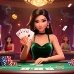 Win big with สล็อต in this animated casino scene featuring vibrant slot reels and an engaging poker match.
