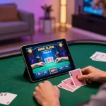 Player enjoying an exciting xx88 online poker game on a tablet in a cozy home setting