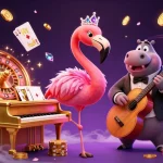 Experience ดูหนังออนไลน์ฟรี with a lively casino illustration showcasing vibrant characters and game elements.