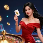 Experience the thrill of casino gaming at 69 vn with a stunning roulette wheel and elegant playing cards.