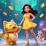 Engage in exciting slot games at UFABET with wins brought to life by a cheerful woman and a lucky cat mascot.
