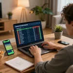 Engaged sports fan actively placing bets on trực tiếp bóng đá in a cozy living room setting.
