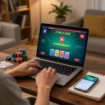 Engaging with Trang chủ PUB88's online blackjack game at home, highlighting user-friendly gaming interface and strategy planning.