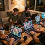 Players enjoying cm88 online casino games on laptops, showcasing vivid slots in a cozy home environment.