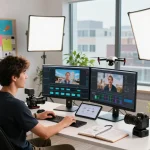 Seedance AI video creator in a modern studio with dual monitors, camera gear, and vibrant mood.