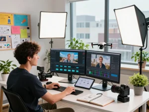Seedance AI video creator in a modern studio with dual monitors, camera gear, and vibrant mood.