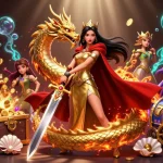 Engage in thrilling gameplay with BJ66, illustrated with a striking warrior queen and dynamic casino elements.