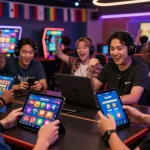 Excited players engaging in thrilling games as they tải sunwin on their devices in a vibrant online gaming environment.