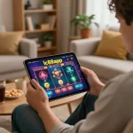 Engaging with lc88app in a cozy home setup, capturing online gambling excitement.