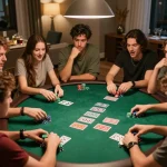 E2bet poker night with friends enjoying a competitive game at home.