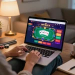 Person engaging with 88aa8 poker game on a laptop in a cozy living room setting