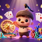 Experience the thrilling tỷ lệ nhà cái bongdaso with 3D cartoon characters amidst gold coins and casino elements.