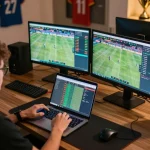 MB88 user immersed in live sports betting, showcasing dynamic betting setup with multiple screens.