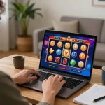 Player enjoying a thrilling slot game at home on 23win platform, cozy setting