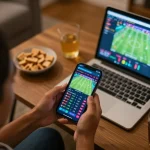 Engaging in live betting with link 789win on smartphone in cozy home setup
