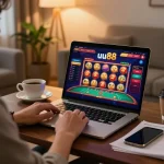 Player enjoying uu88 online casino on a laptop in a cozy living room.