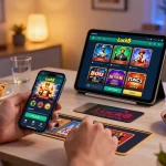 Engaged player exploring Luck8 casino app on mobile device in a cozy home setup.