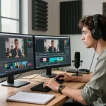 Creating cinematic content with seedance 2.0 ai in a modern tech workspace featuring dual monitors and video editing tools.